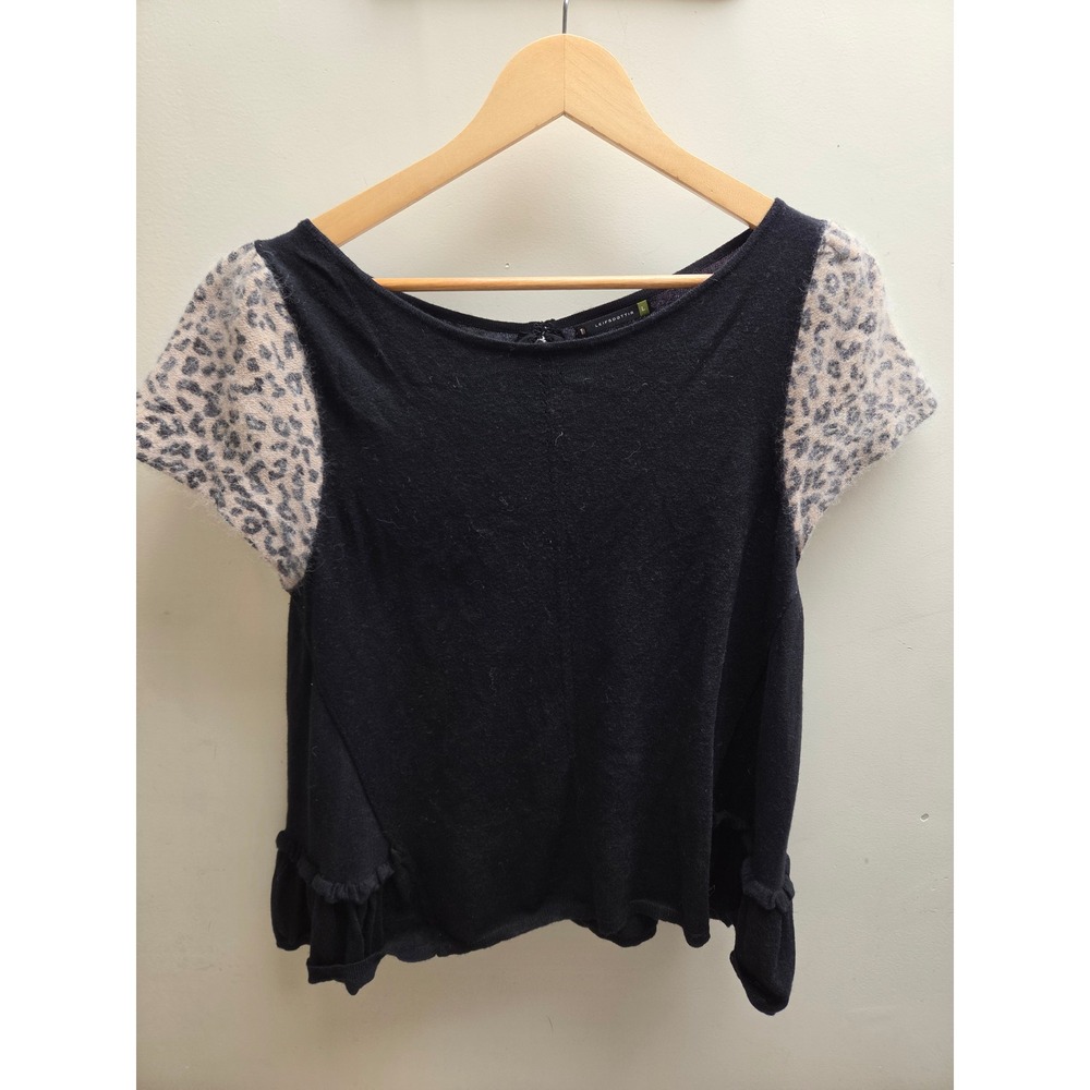 Leifsdottir Black Wool Cashmere Angora Leopard Print Sleeve Ruffle Top Large